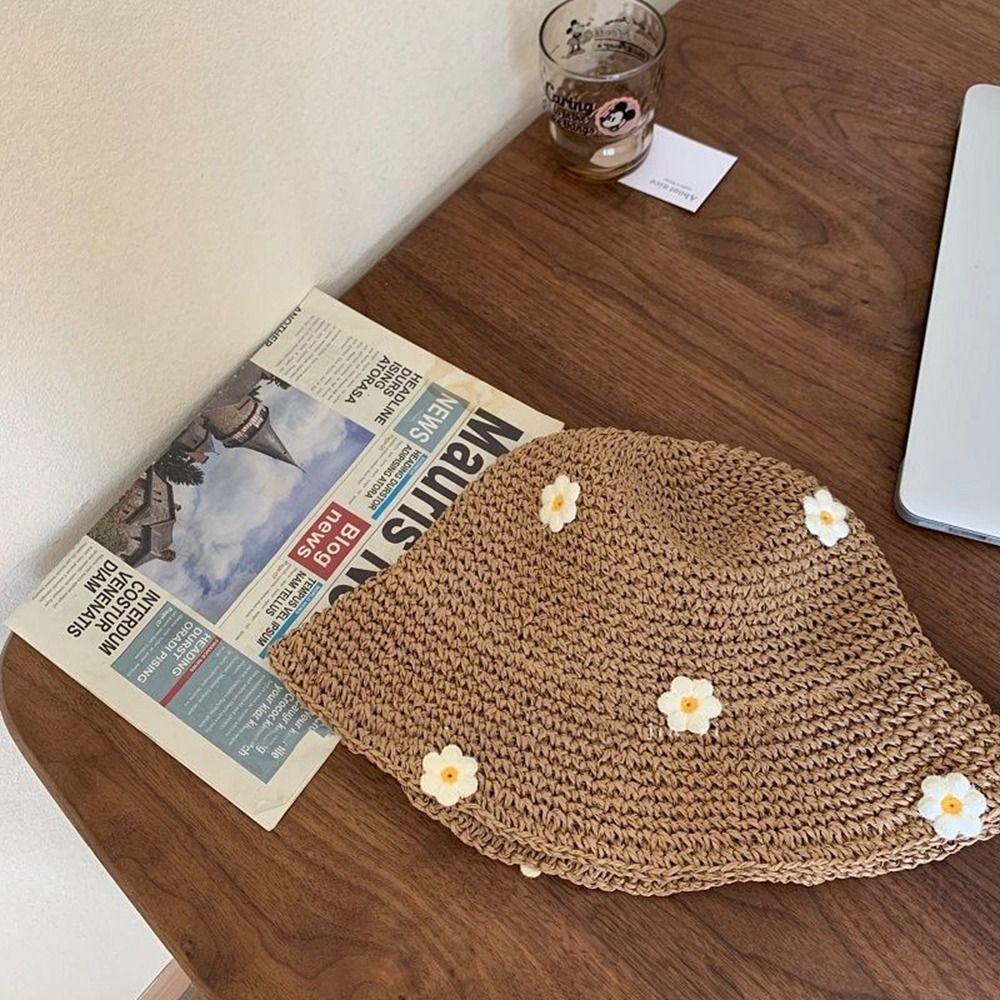 Cap Handmade Weave Sunscreen Beach Hat Flower Flat Hat Sun Protection Straw Hat Sun Hat Sun Cap