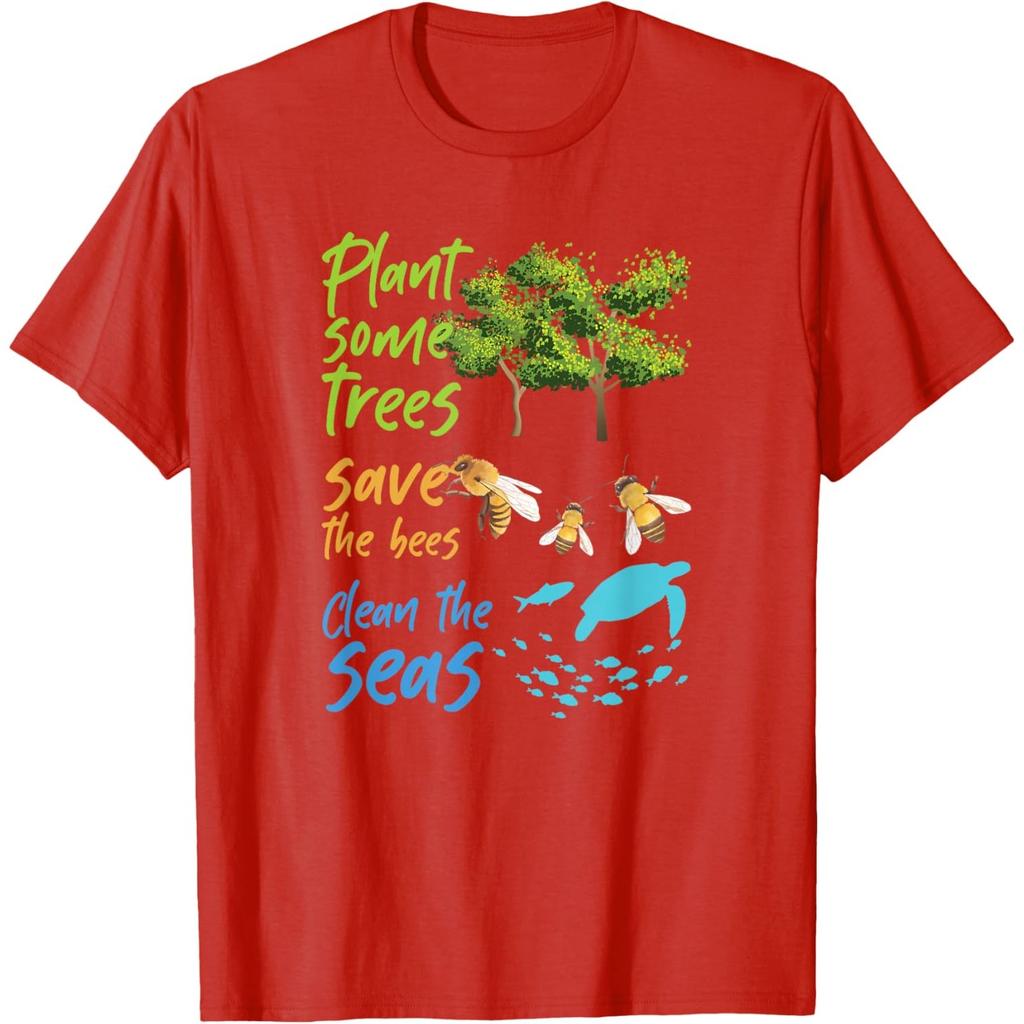 Plant Trees Save Bees Clean Seas Turtle Graphic Cotton T-Shirt Casual Crewneck Tee