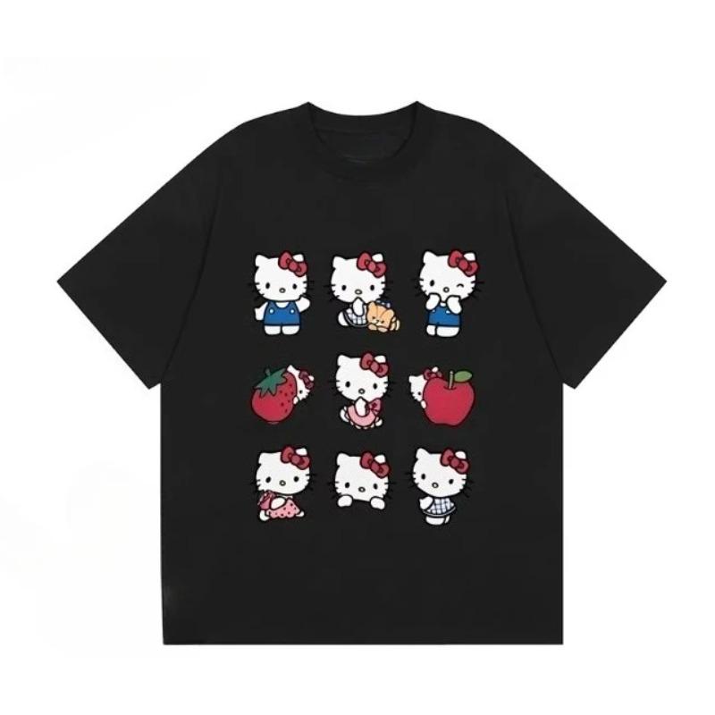 2026 Hello Kitty Printed Loose Casual Cute Fashion Round Neck Cotton SpringSummer Short Sleeved Top for Women Y2K Tshirt
