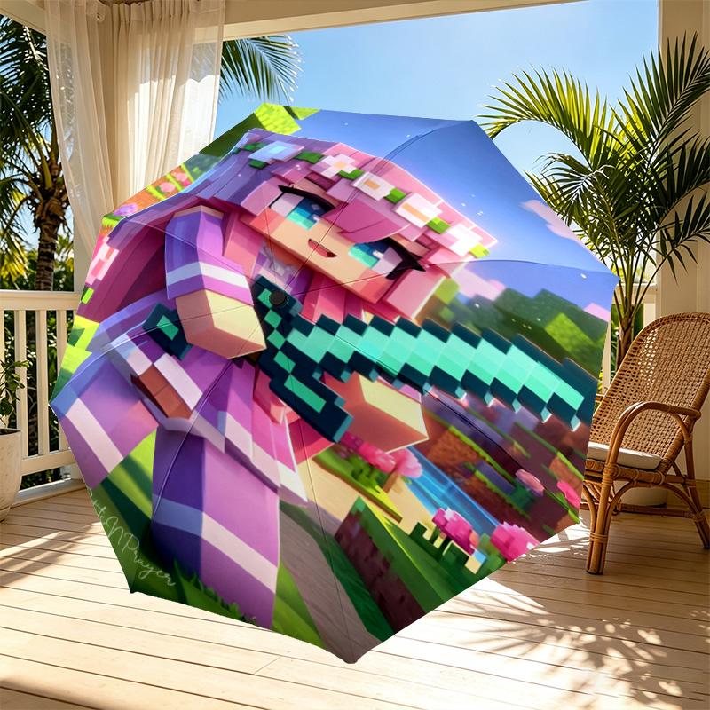 Sandbox game Print Automatic Open Close Umbrella, Portable Foldable Umbrella, for Outdoor Commute Camping Trip, Ideal Birthday Gift
