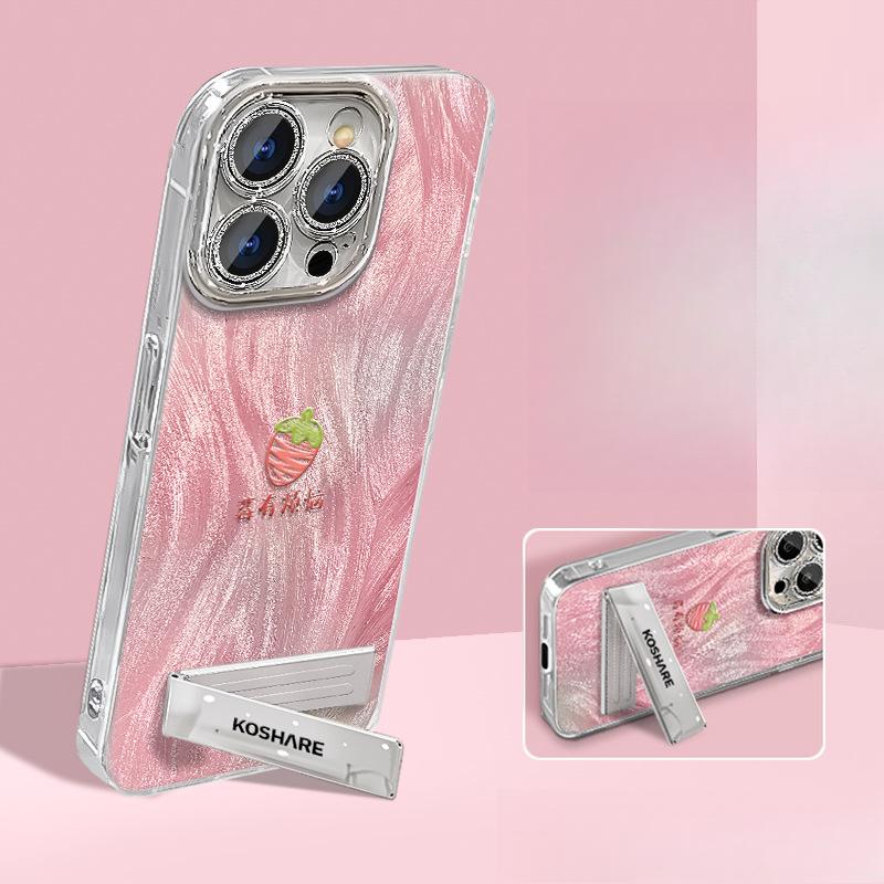 Oil Painting Strawberry Pear Suitable for Apple 16pro Feather Yarn Mobile Phone Case with Bracket 15 High-end Sense 14 Cute Anti-fall 13