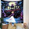 A heroic woman with a crossbow faces vampires under a full moon sky. Patterned tapestry for bedroom and living room home decor