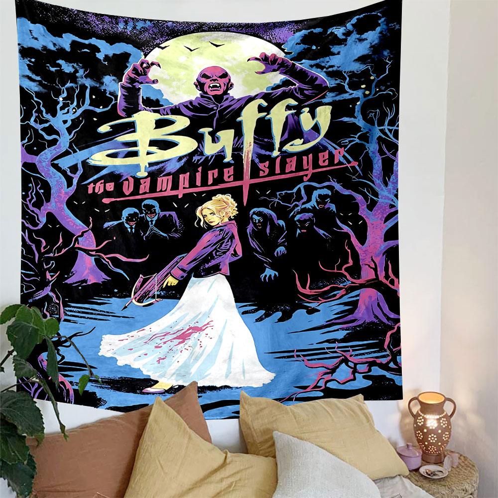 A heroic woman with a crossbow faces vampires under a full moon sky. Patterned tapestry for bedroom and living room home decor