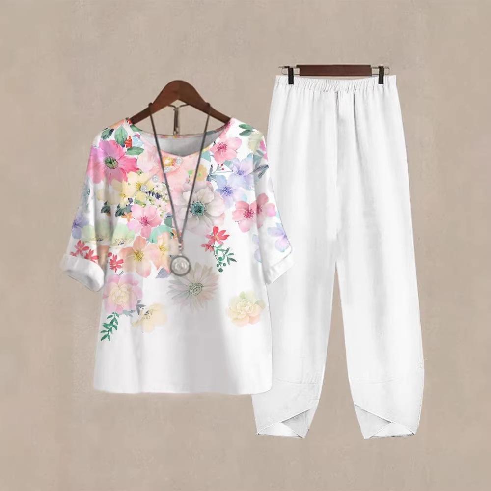 1116 New Women's Clothing Casual Crew Neck Five-Sleeve Top Digital Printing Women's Two-piece Set