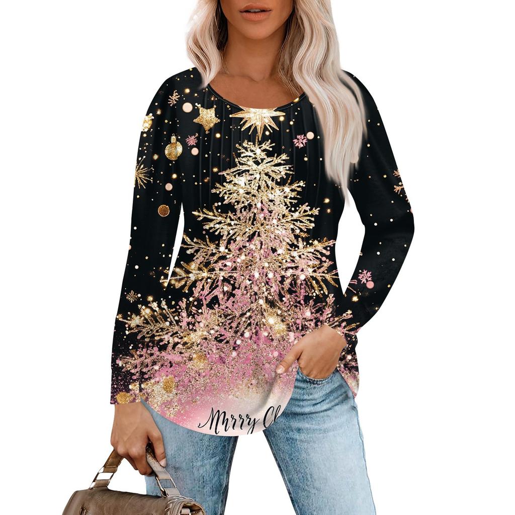 Women's Casual Top Christmas Printed Round Neck Long Sleeved Pleated T-shirt