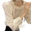 French Retro Crochet Shirt with Lace Petal Collar, Apricot, Long Sleeve, Gentle Style for Spring/Autumn Women's Fashion