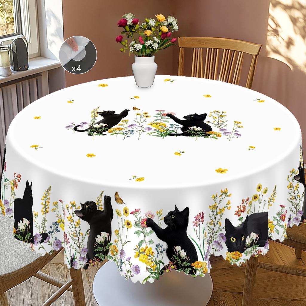 1 Piece Of Kitten Themed Printed Tablecloth, Country Farmhouse Style, Black Kitten, Flower Pattern Design, Multiple Sizes Available, Suitable For Spri