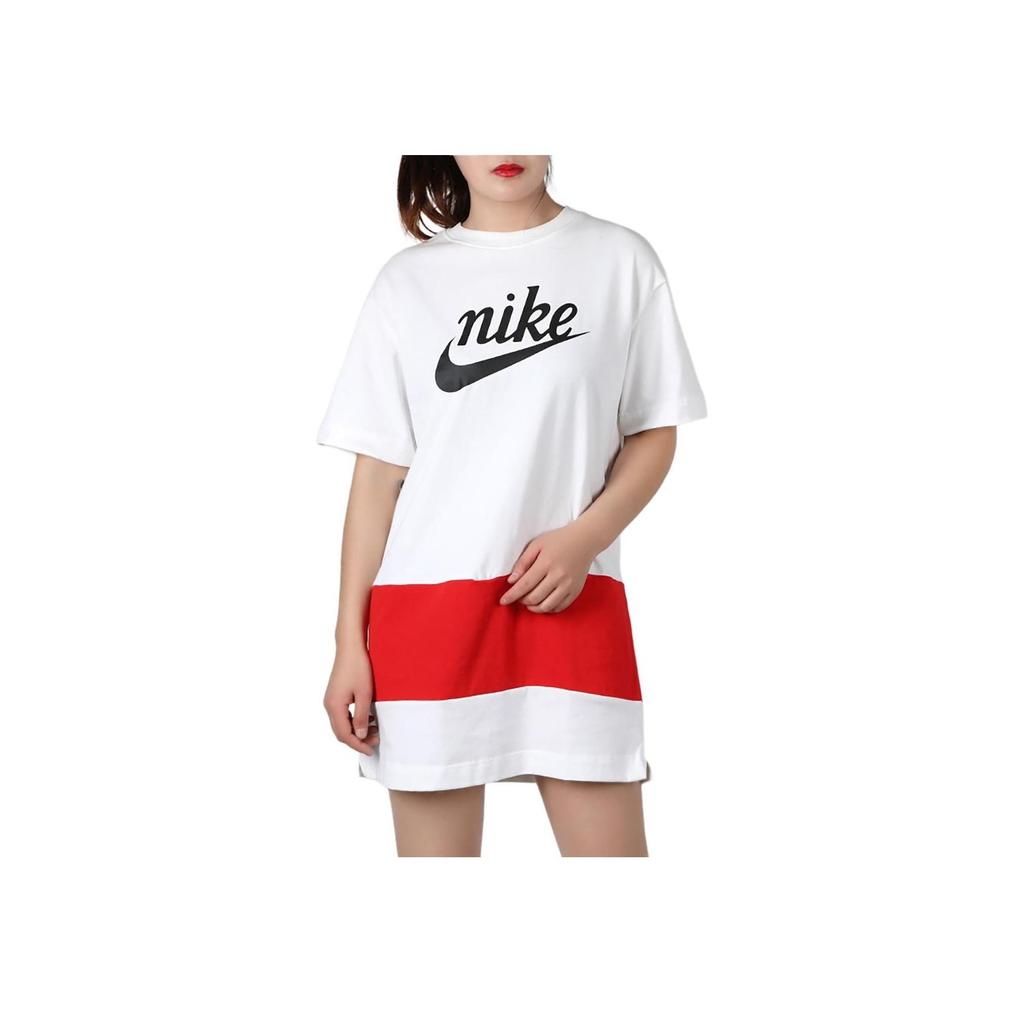 Nike Платье с принтом логотипа, круглым вырезом и короткими рукавами, женские платья, белое, красное, CJ3716-100