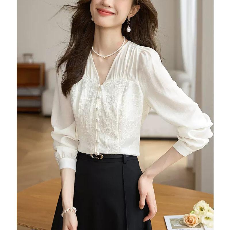 Relief New Chinese Jacquard Chiffon Shirt Breathable White Temperament Chinese Style Shirt Top