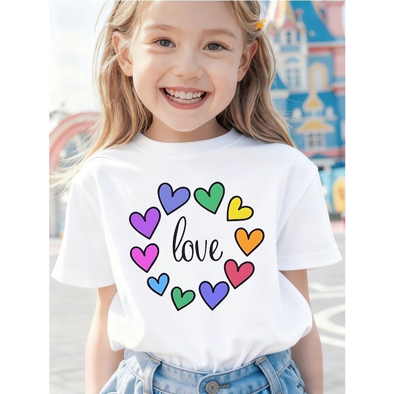 European sizes Rainbow Heart Pattern Kids' T-Shirt Summer Boys Girls Crew Neck Short Sleeve Vacation Outdoor Camping Party