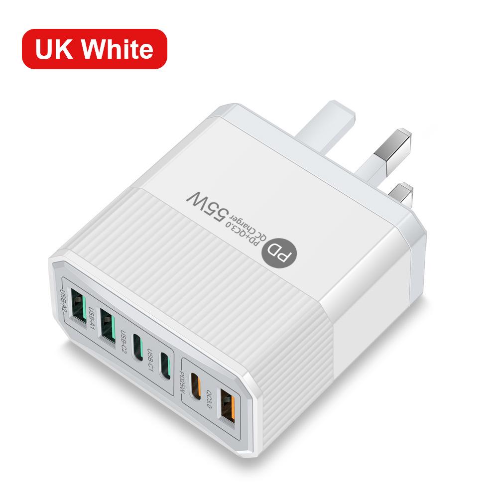 Шестипортовое быстрое зарядное устройство PD55W с поддержкой QC3.0, совместимое с EU/US/UK