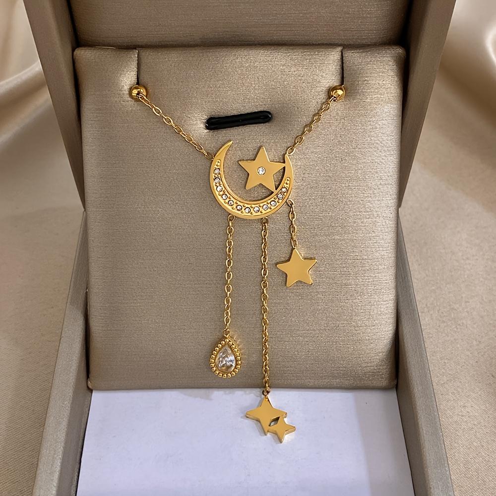 1Star and Moon Necklace Stainless steel chain with gold stars and synthetic zircon moon pendant, elegant party jewelry suitable for weddings, balls,