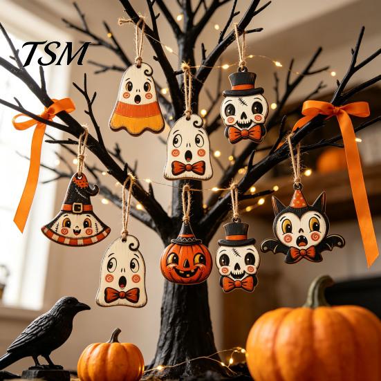 Candy Mummy Owl Wooden Mini Hangings 6Pcs Vintage Halloween Ornaments for Tree Decorations, Black Cat Pumpkin Wood Cutout Jute String Cutouts Hanging
