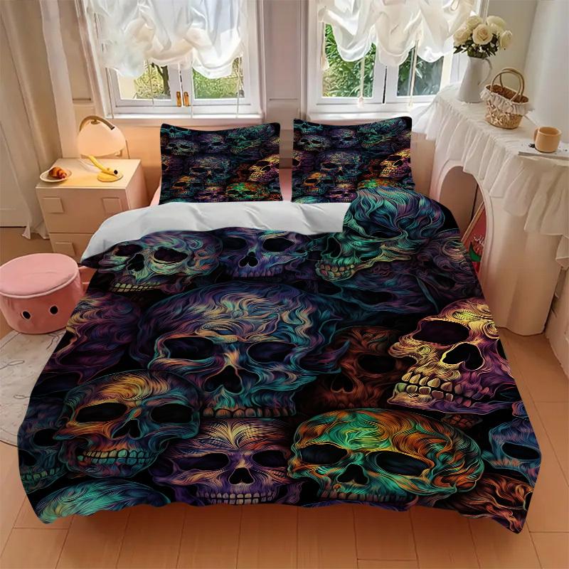 3pcs Skull Festival Bedding Set, Includes 1 Comforter + 2 Pillowcases, Without Pillow Inserts, Soft Comfortable, Lightweight Breathable096