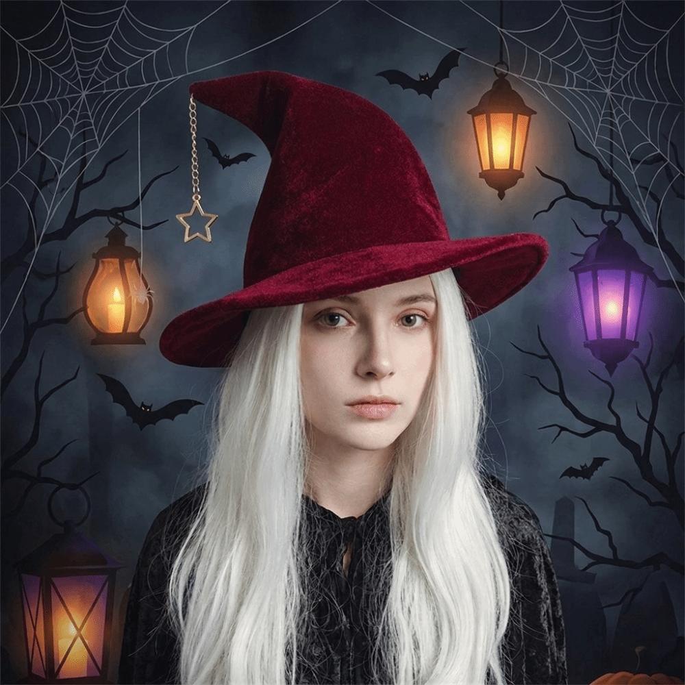 Star Pendant Wool Bucket Hat Solid Color Halloween Hat Vintage Witch Hat Party