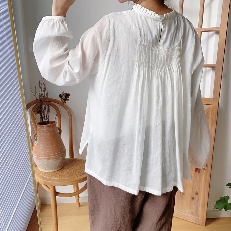 Johnature Весенние рубашки рами, винтажные корейские пуловеры с двойным кружевом и воротником-стойкой, свободные нерегулярные женские блузки