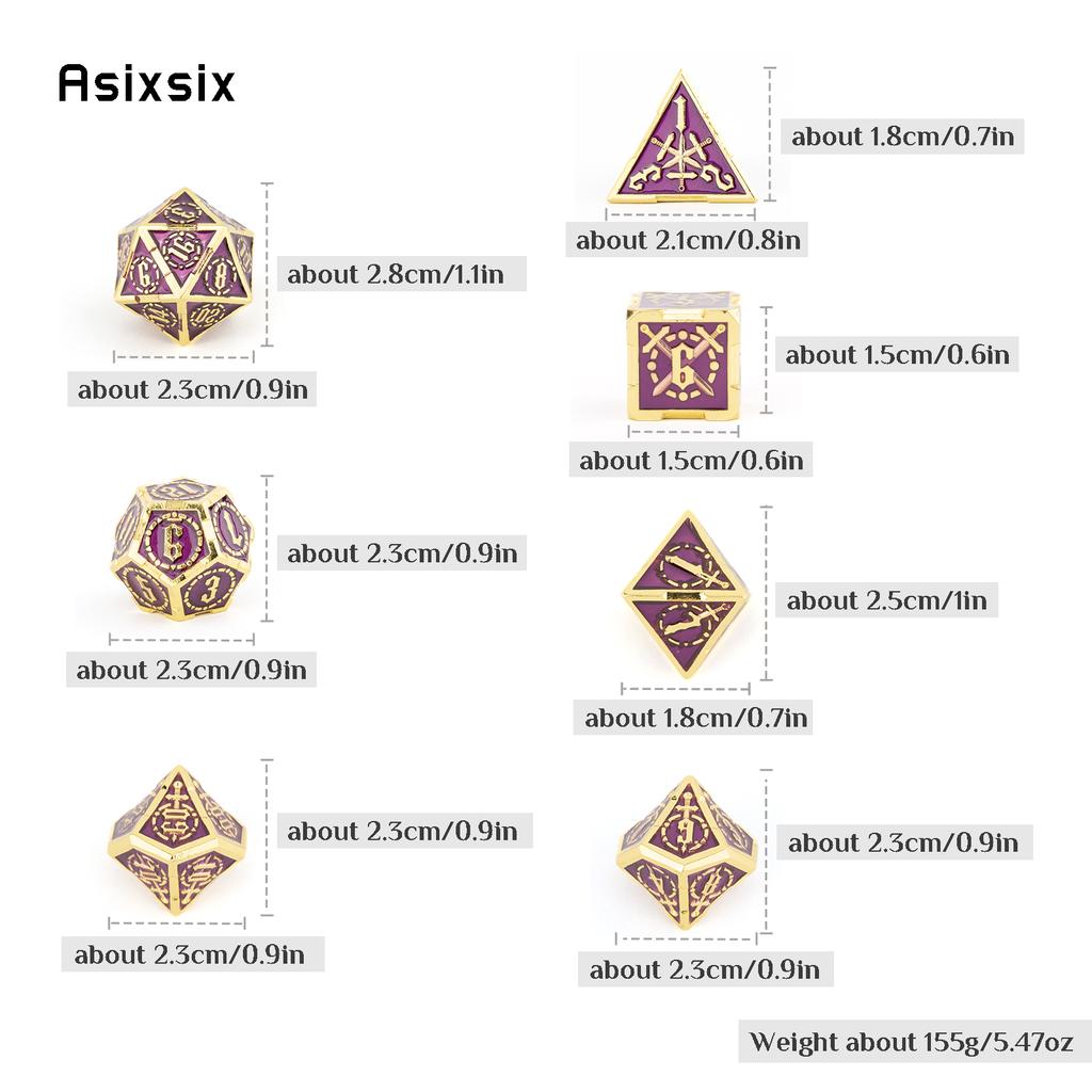 7 Pcs Golden Purple Double Swords Metal Dice Solid Polyhedral Dice Set Suitable for Role-Playing RPG DND Pathfinder Board Game