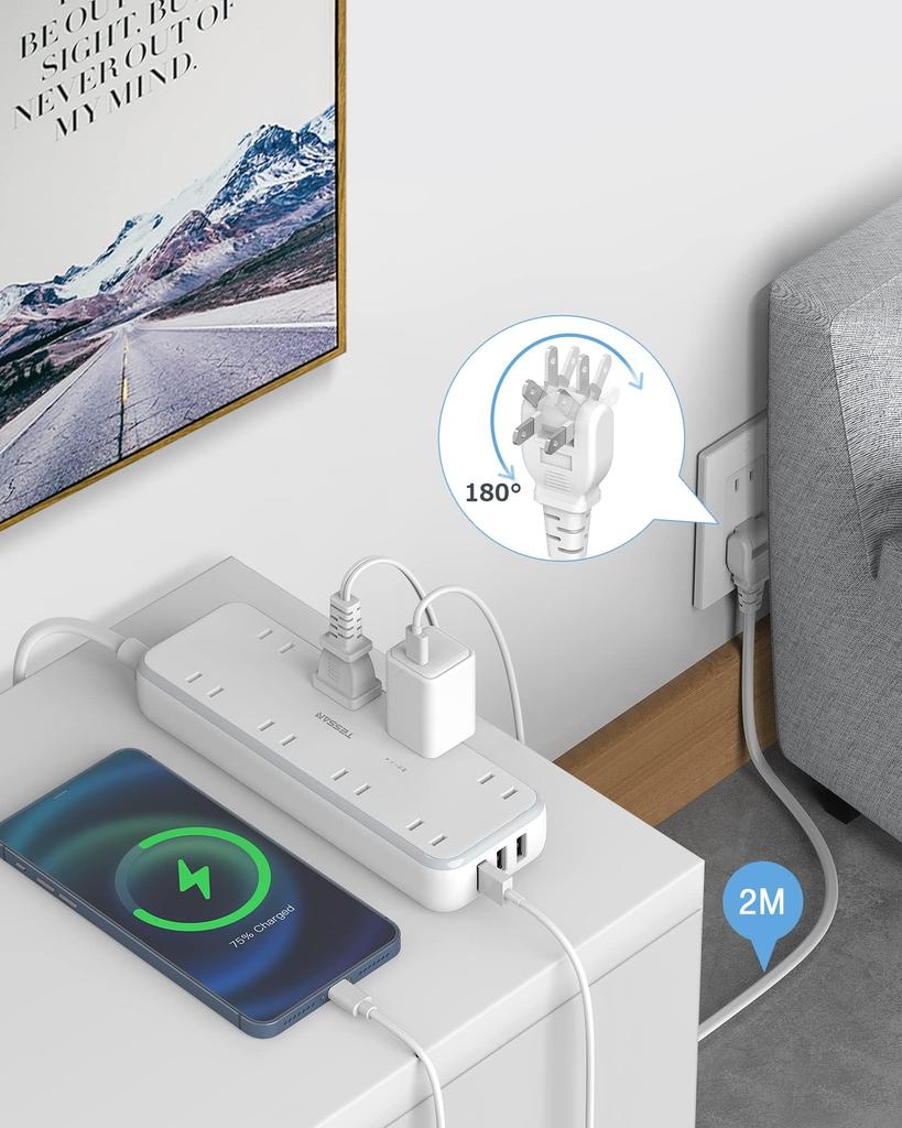 TESSAN 2m Power Strip, USB, and Table Tap, Octopus Outlet Extension Cord, 8 AC Outlets, 3 USB Ports, Lightning Protection, and a Single Switch
