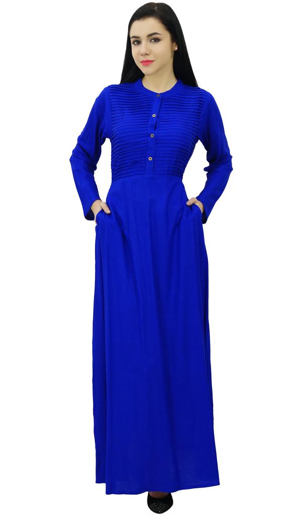 Bimba Women's Long Sleeve Maxi Mandarin Collar Plain Jilbab Dress With