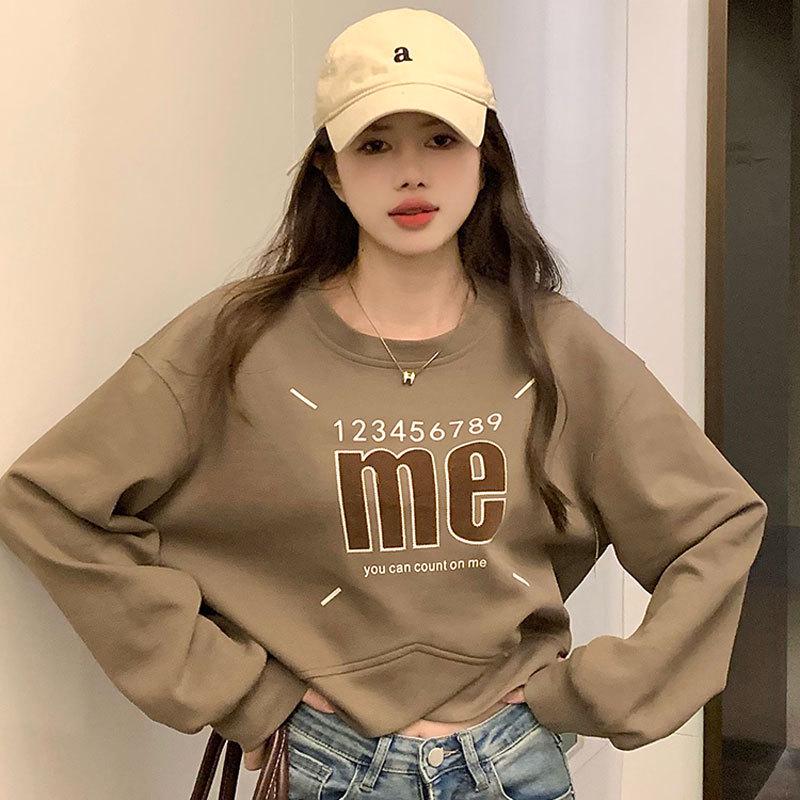 Большой высококачественный американский принт, свитер-кроп с круглым вырезом и длинными рукавами