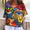 T Shirt For Women Abstract V-neck Short Sleeve Tee Casual Oil Painting Female Clothing Fashion Street Retro Women's T-shirt