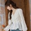 Women Blouse 2023 Summer New Elegant Commuter Vintage Casual Puff Sleeve Loose Jacquard V-neck Pullover Tops MXC42X1287