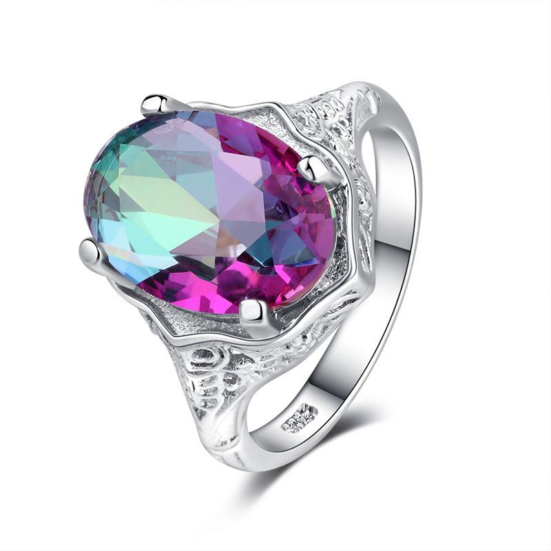 Colorful Stone Round Zircon Wedding Ring For Women Micro-Inlaid Simulation Rainbow Gem Ring Jewelry Engagement Ring