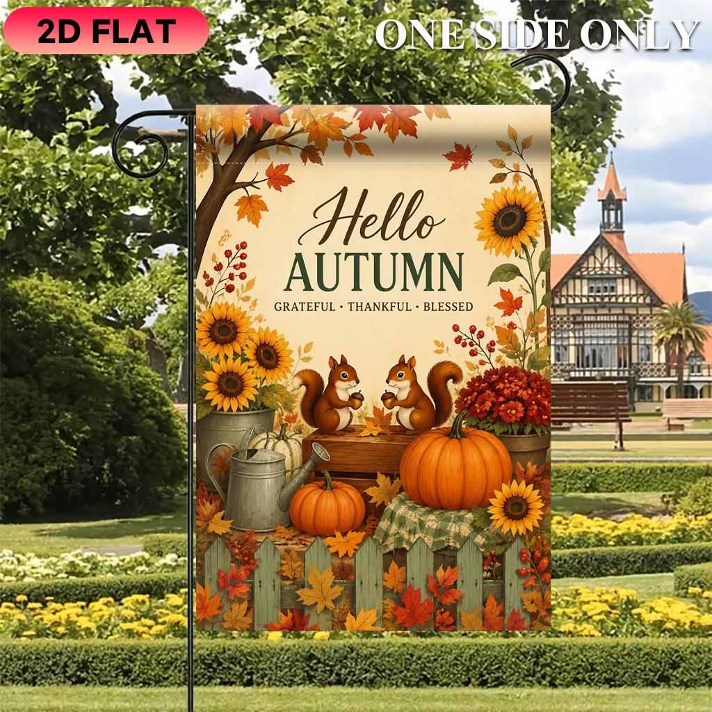2D Flat, 2D Flat Garden Flag 1pc, Hello Autumn, Durable Polyester Fiber, Single-sided Printing, Suitable for Outdoor Lawn, Porch and Patio Decoration
