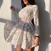 Women's Long Sleeved Summer Round Neck Floral Dress Sexy Mesh Hollow Out Short Skirt Hollow Out Patchwork Dress