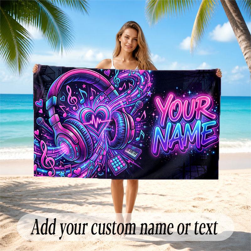 Music General Theme Beach Towel Personalized Custom Name & Text Soft Quick Dry Beach Towel for Swimming Travel