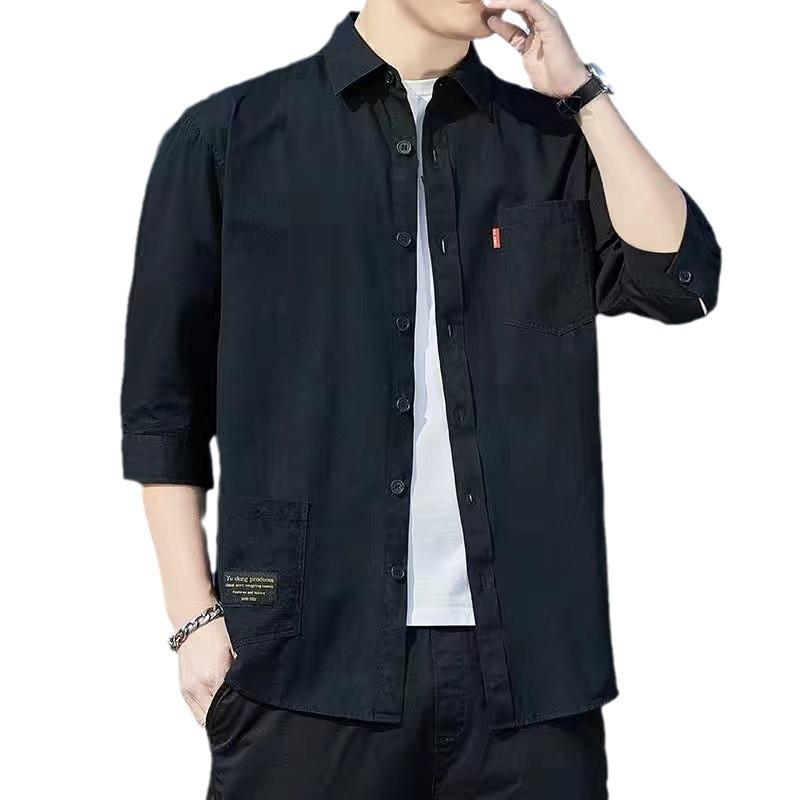 Рубашка из хлопка мужская с рукавами семь четвертей, короткий рукав, рабочая одежда из хлопка, однотонная, свободная, красивая, со средними рукавами