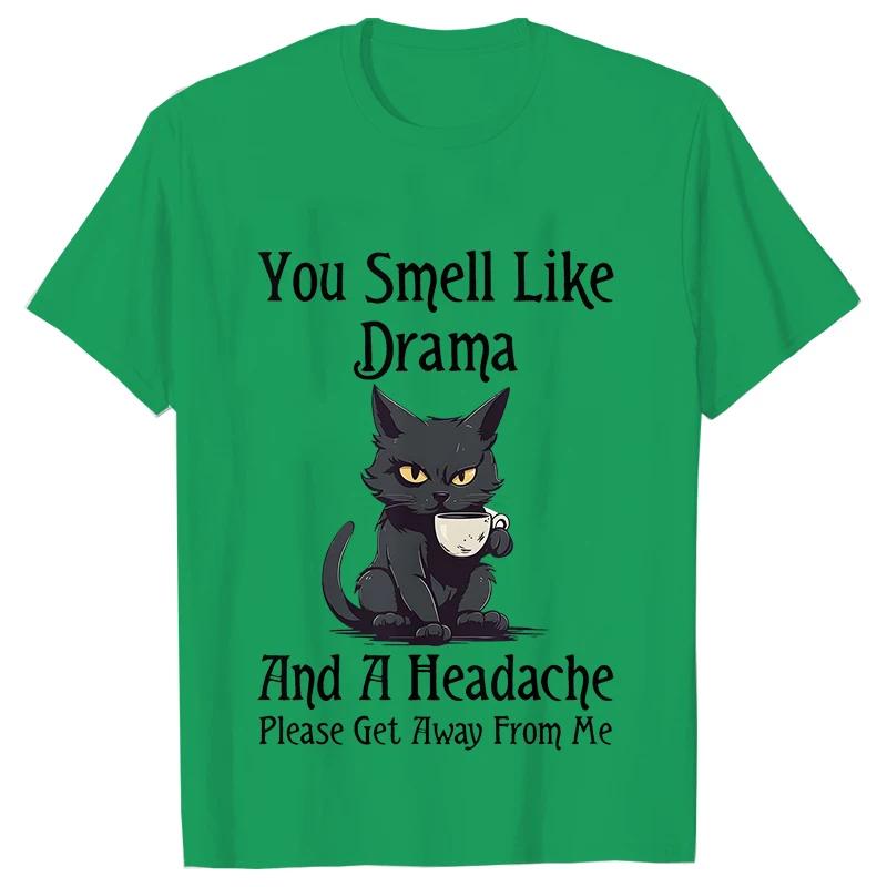 Black Cat Coffee T-shirts Women Pet Cartoon Tshirts You Smell Like Drama Print Women's Clothing Cat Mom Women Tee T-Shirts Women’s