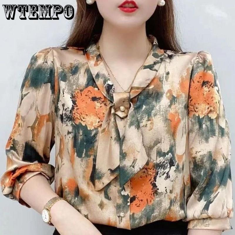 Chiffon Shirt Bow Lace-up Collar Half Sleeved Printed Top Women's Loose Thin Simple Casual Commute Top Elegant Temperament Spring and Summer