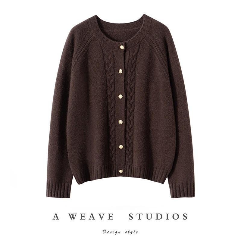 Womens 100% Cashmere Knit Cardigan Sweater Thick Round Neck Long Sleeve Winter Casual Office Wear