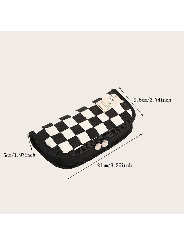 1pc Black Checkerboard Grid Large High Value Storage Pencil Bag Stationery Box