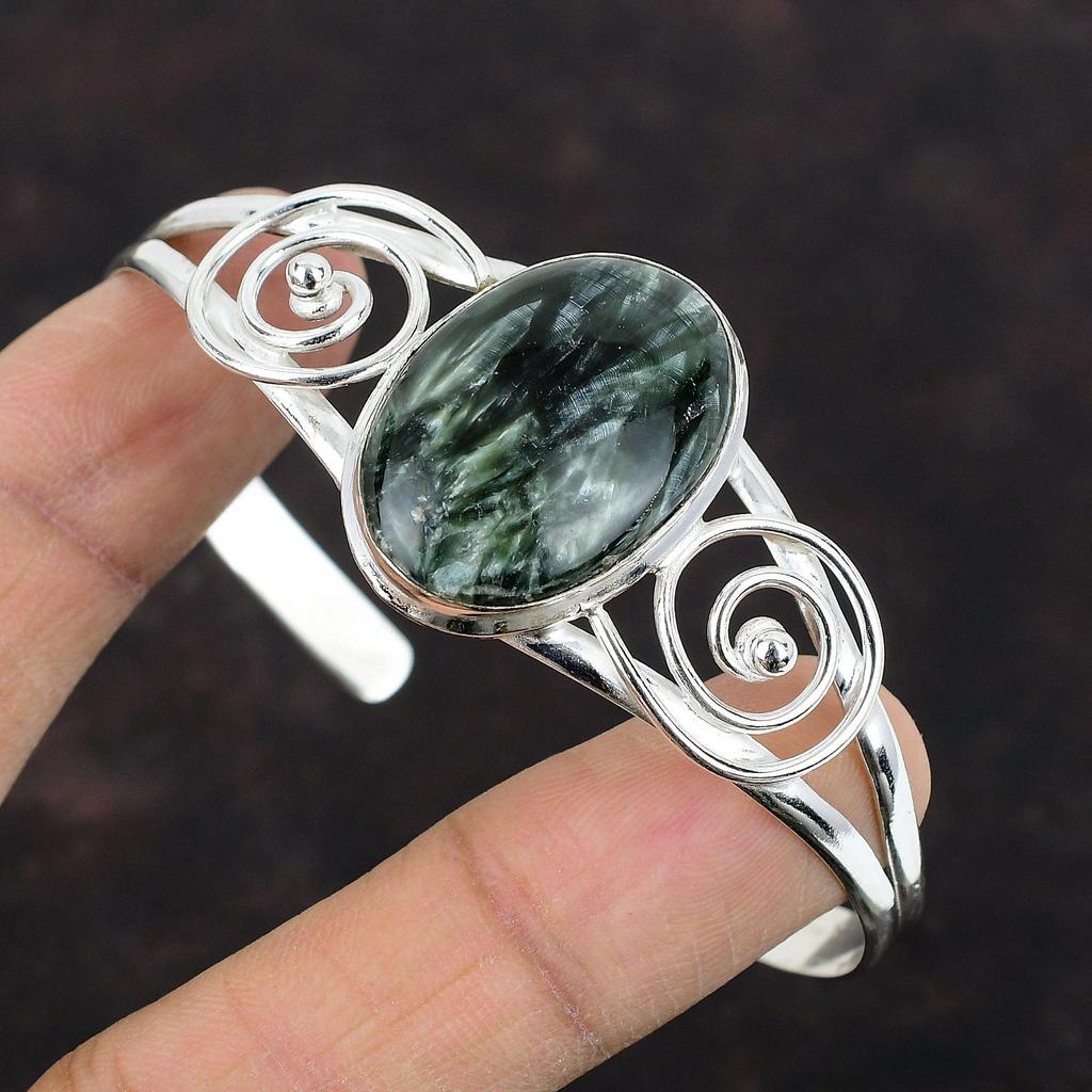 Браслет-манжета с серафинитом, регулируемый браслет, браслет из стерлингового серебра 925 пробы, браслет с драгоценными камнями, ювелирные изделия ручной работы, серебряный браслет-манжета, подарок для мамы