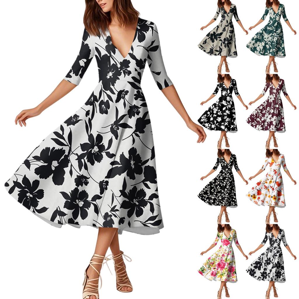 Модное платье средней длины с рукавами средней длины, цветочным принтом и сексуальным V-образным вырезом