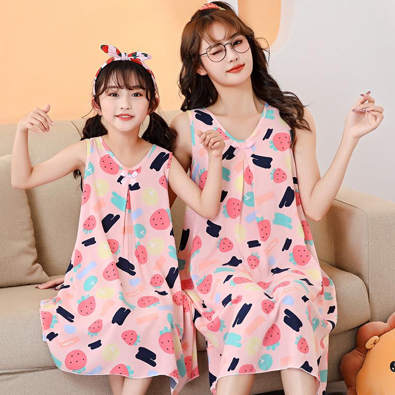 Летняя хлопковая ночная сорочка без рукавов для девочек - Пижамы для мамы и дочки в одном стиле