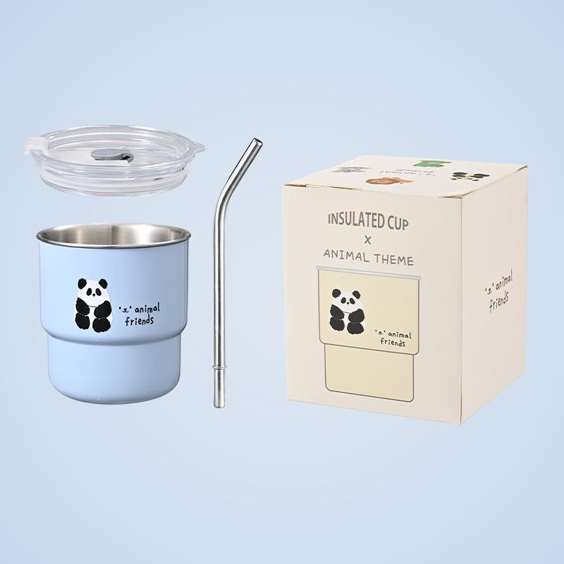 Портативная термокружка из нержавеющей стали с рисунком панды и соломинкой