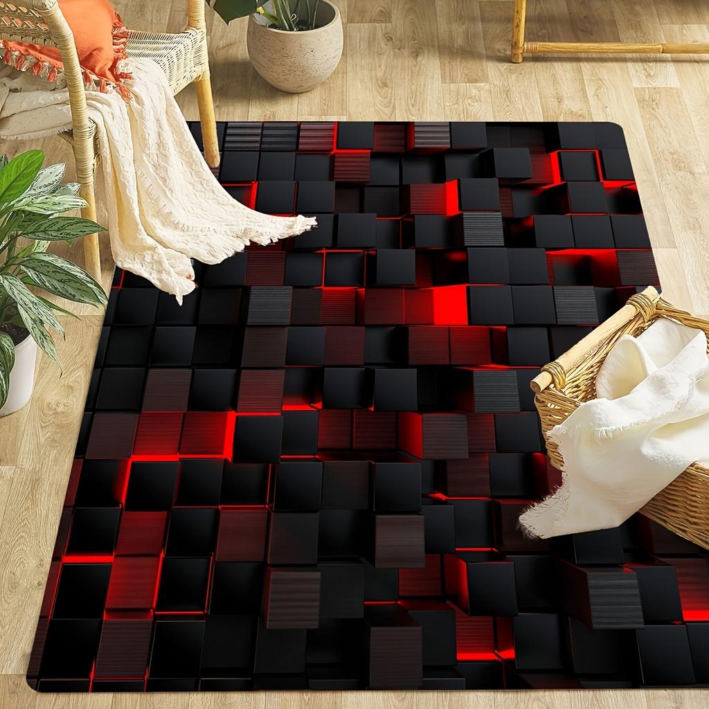 Large Red Black 3D Geometric Square Velvet Mat Plush Machine Washable Floor Mat Living Room Bedroom Corridor Modern Minimalist