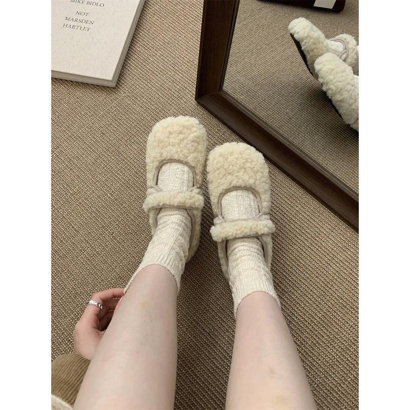 Wool Shoes Women Wear New Korean Fairy-style Fleece Warm Cotton Shoes and Flat-soled Mary Jane Doudou Shoes