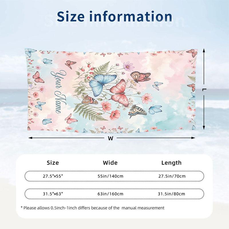 Butterflies Flowers Garden 14 Theme Quick Dry Beach Towel Custom Name Text Print Large Sand Resistant Towel Beach Vacation