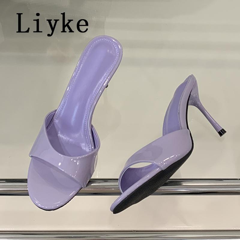 Модные Liyke Белые Лакированные Женские Шлепанцы Сандалии Модные С Круглым Открытым Носком Тонкий Высокий Каблук Мюли Слайды Летние Вечерние Туфли