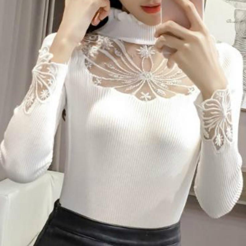 Pofulove Black Lace Sweater Women's Pullover Sweater Stretch Net Yarn Slim Was Thin Bottoming