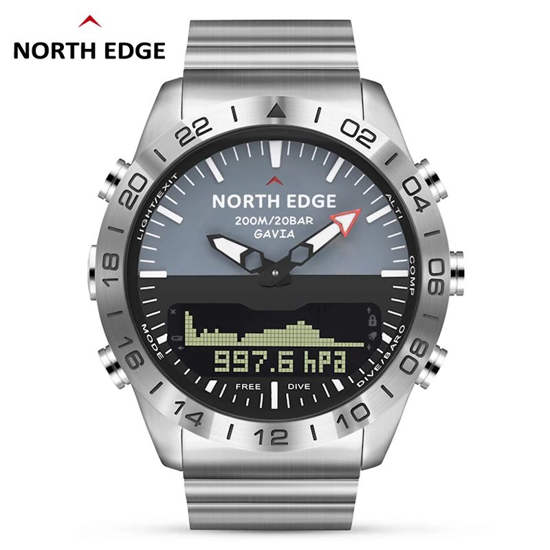 NORTH EDGE Мужские часы для дайвинга, военные, армейские, роскошные, полностью стальные, умные часы, компас, альтиметр, барометр, цифровые часы, водонепроницаемые, 200 м