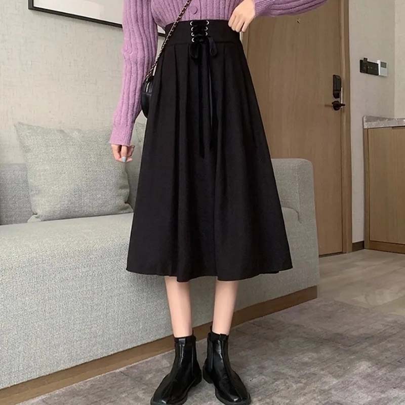 Винтажная женская юбка трапециевидного силуэта с высокой талией, эластичная плиссированная юбка средней длины на шнуровке, весна и осень
