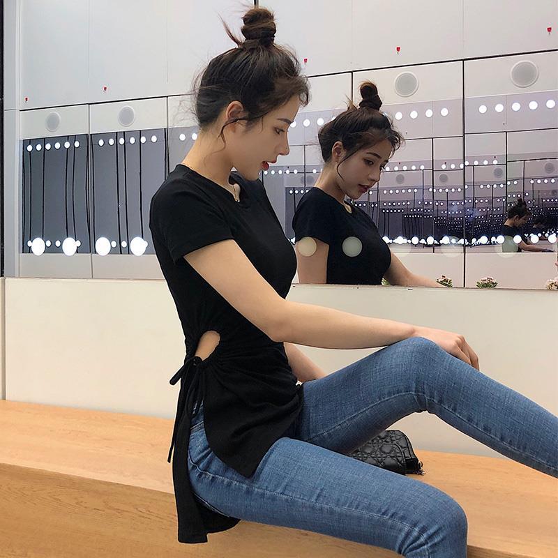 Hong Kong style retro summer round neck short sleeve careful machine waist drawstring irregular split T-shirt women's top