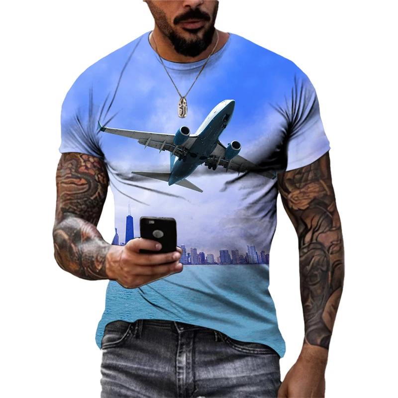 Men Summer Trend Casual Fun Round Neck Short Sleeve Fashion New 3D Printed Airplane Graphic T Shirts for Streetwear Tees Tops