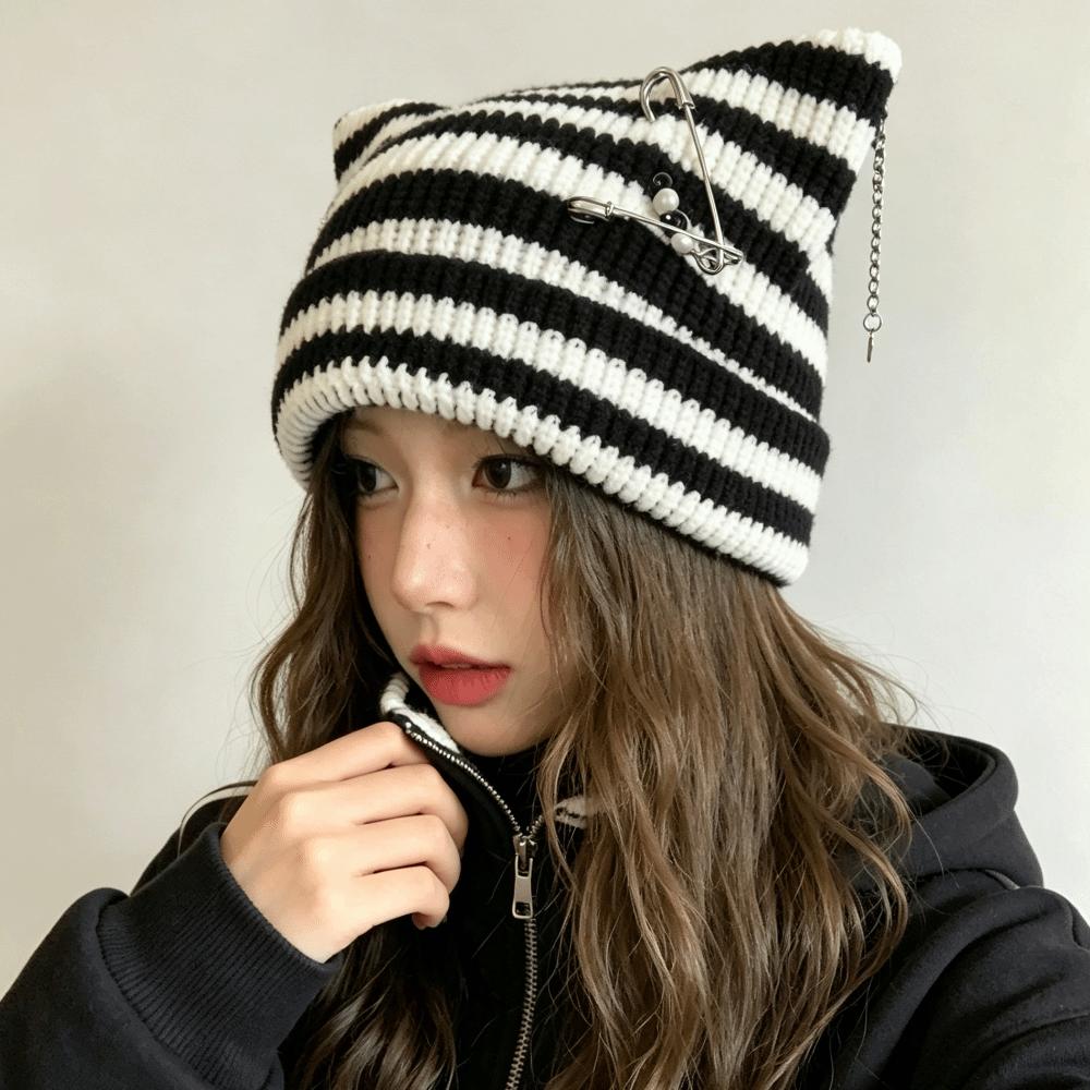 Thickened Knitted Striped Hat Polyester Warm Hat Cute Cat Ear Beanie Daily Wear