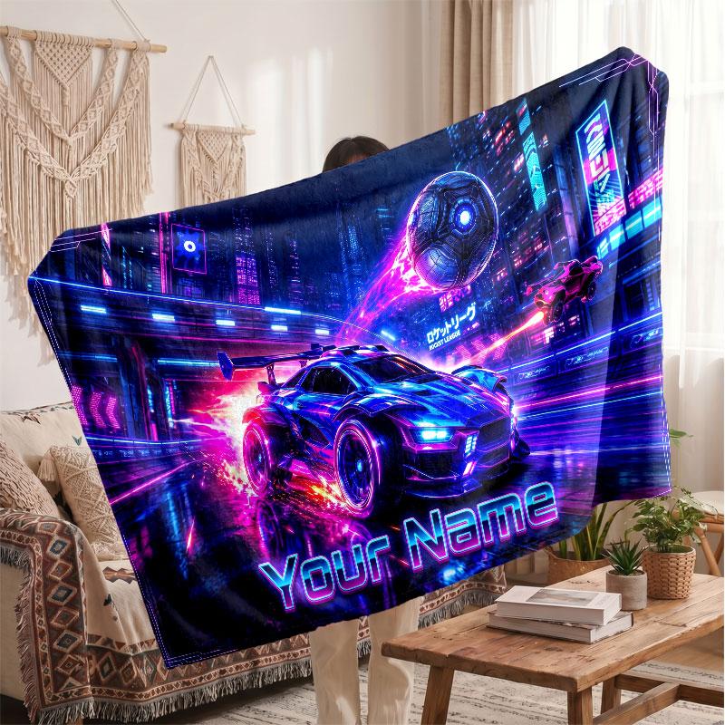 Rocket League Personalized Flannel Blanket, Custom Printed Text Name, Warm Soft Blanket For Couch Bed